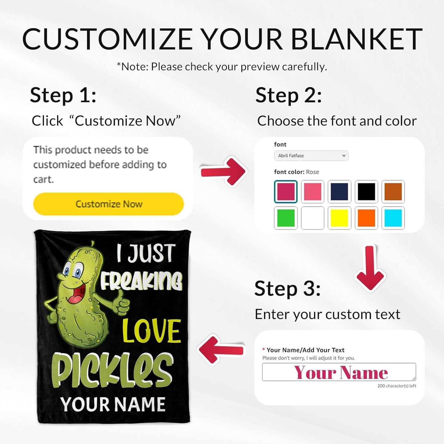 Custom Pickle Blanket for Girls - 60x80 Inches Twin Size with Name - Soft Fuzzy Plush Throws Gift - Colorful Funny Throw Blanket for Bed, Couch, Living Room