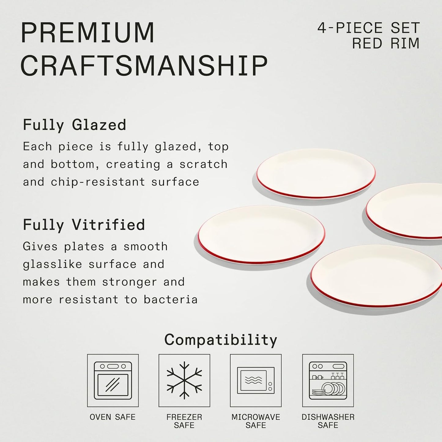 Made In Cookware - Set of 4 - Appetizer Plates - White With Red Rim - Porcelain England