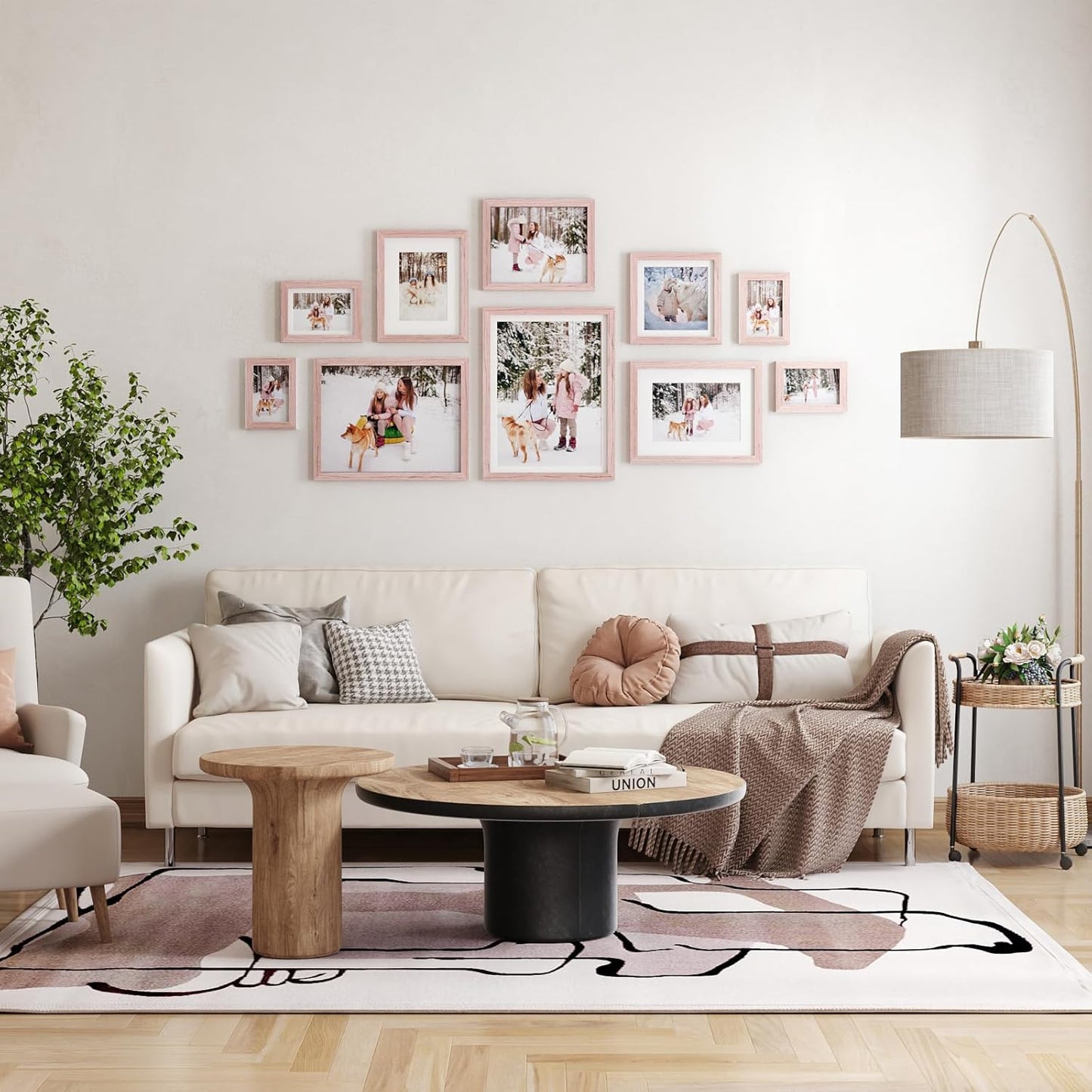 Egofine 9x12 Picture Frames Set of 4, Made of Solid Wood Covered by Plexiglass 5x7 and 6x8 with Mat or 9x12 without Mat, for Table Top Display and Wall Mounting Photo Frame Peach Pink