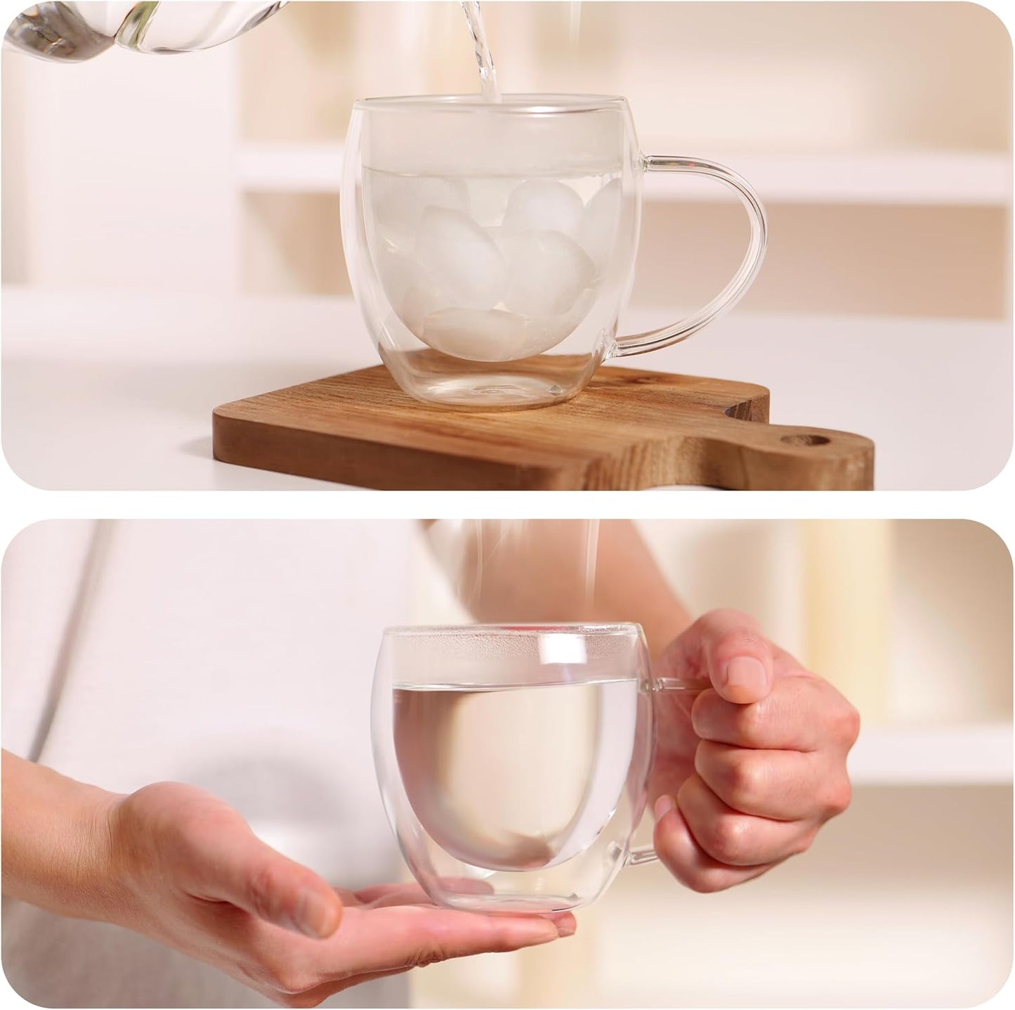 CNGLASS 12oz(4-pack) Double Walled Glass Coffee Mugs,Insulated Glass Mugs with Handle,Clear Espresso Cups for Latte,Cappuccino,Tea Bag