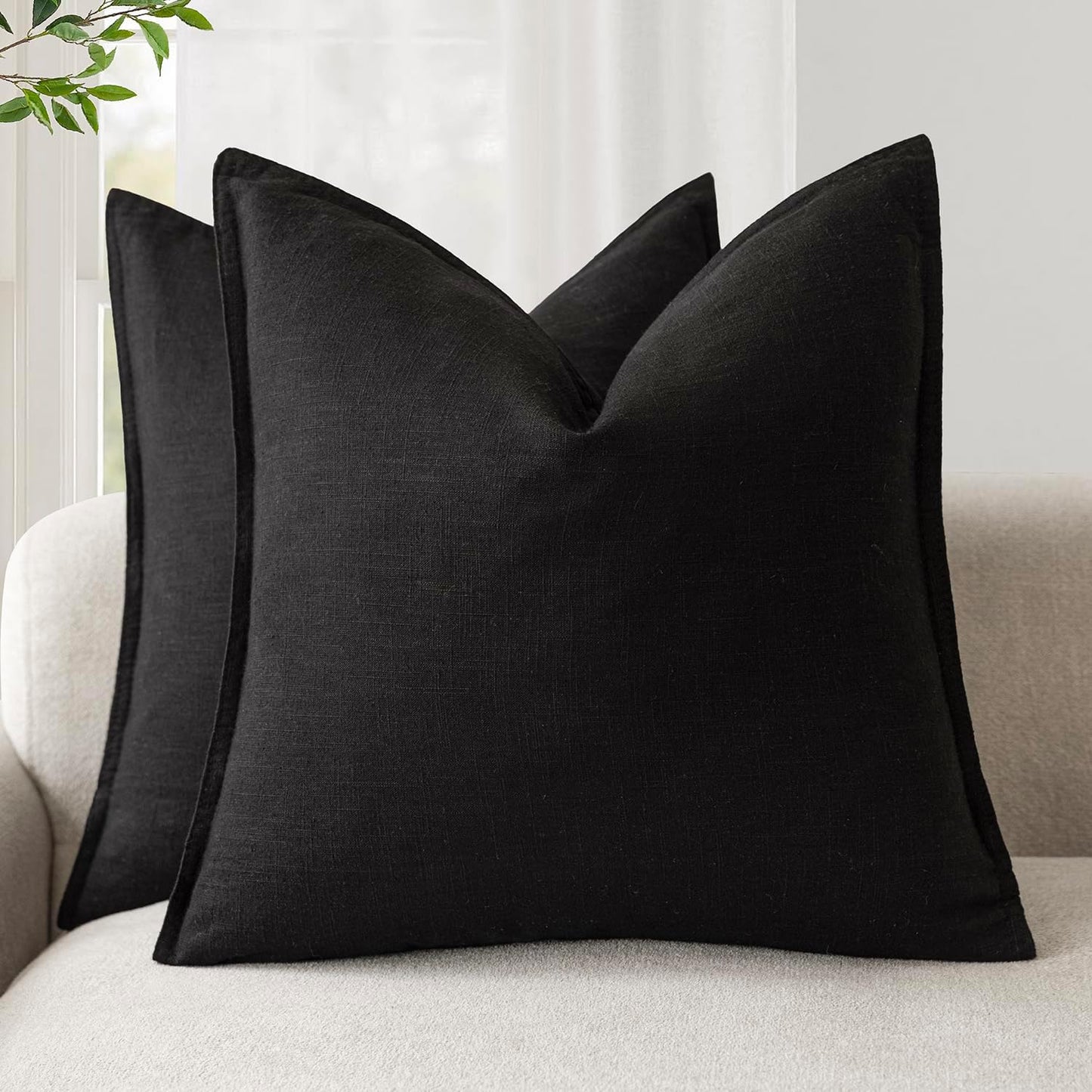 Foindtower Pack of 2, Decorative Linen Soild Throw Pillow Covers Soft Accent Cushion Case Boho Farmhouse Neutral Pillowcase for Chair Couch Sofa Bedroom Living Room Home Decor 26 x 26 Inch Black