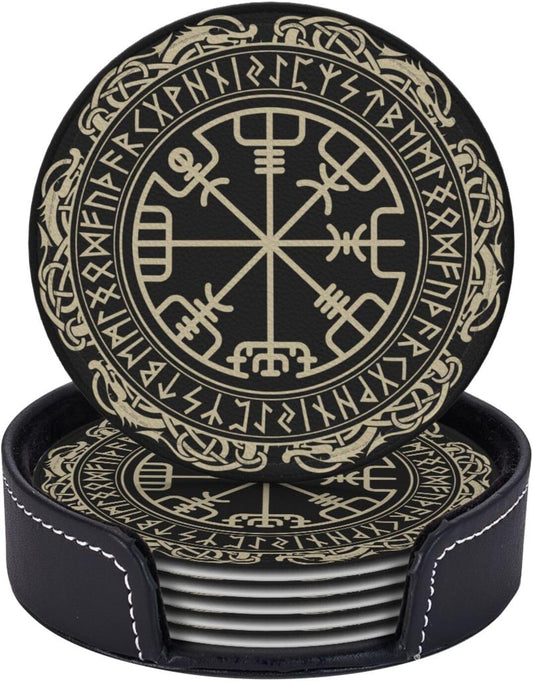 Black Viking Leather Drinks Coasters with Holder, Set of 6, Suitable for Various Cups
