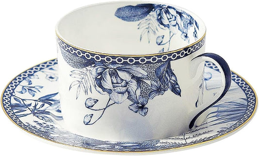 fanquare 6 oz Blue Floral Bone China Tea Cup with Saucer, Hand Print Procelain Cups for Tea Party, British Coffee Cup and Saucer