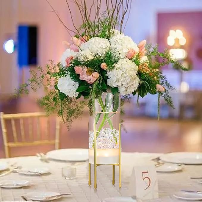 Flower Vase for Decor, Clear Vase with Gold Stand, Modern Decorative with Timer LED Lights Battery Operated, Centerpiece/Wedding/Party (Set of 2)