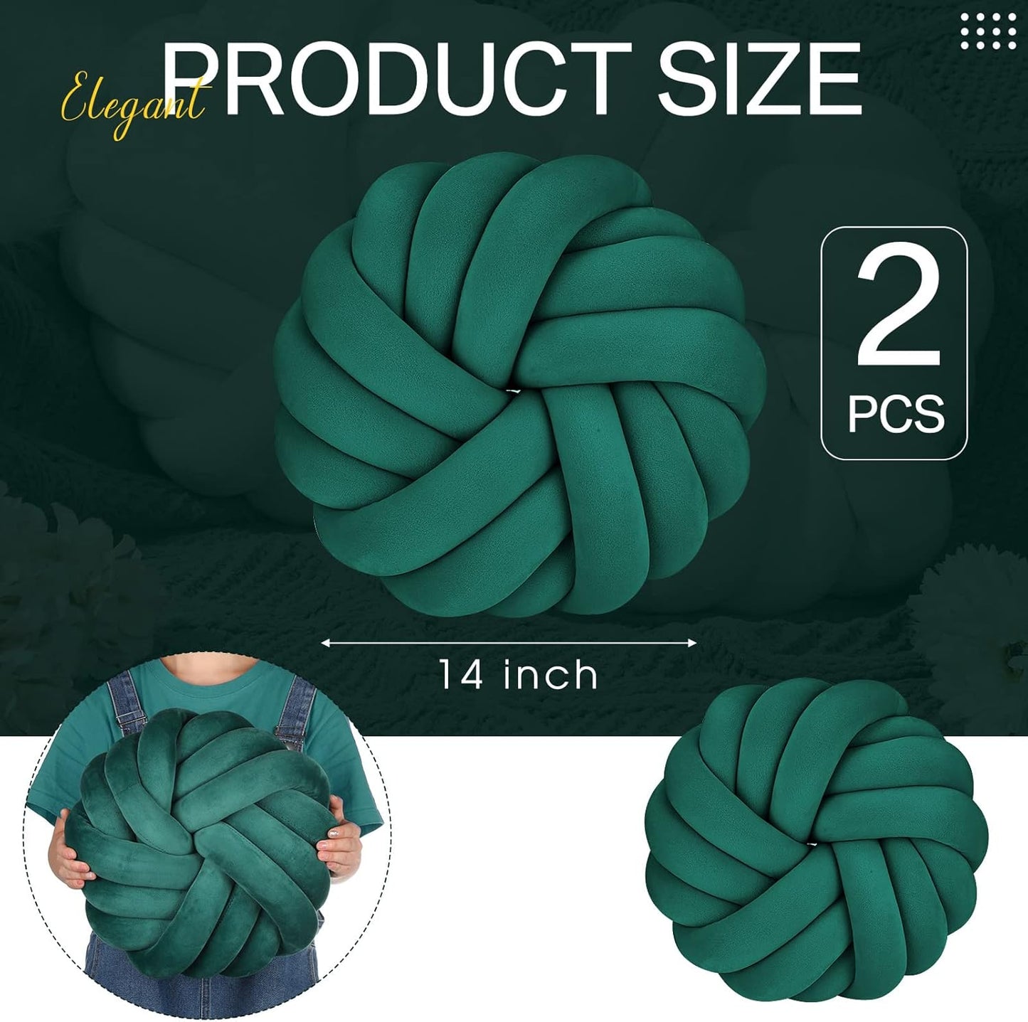 Fumete 2 Pcs 14 Inches Knot Pillow Round Throw Soft Plush Knot Ball Pillow Handmade Knotted Modern Home Decorative Cushion for Bed Bedroom, Sofa, Couch (Green)