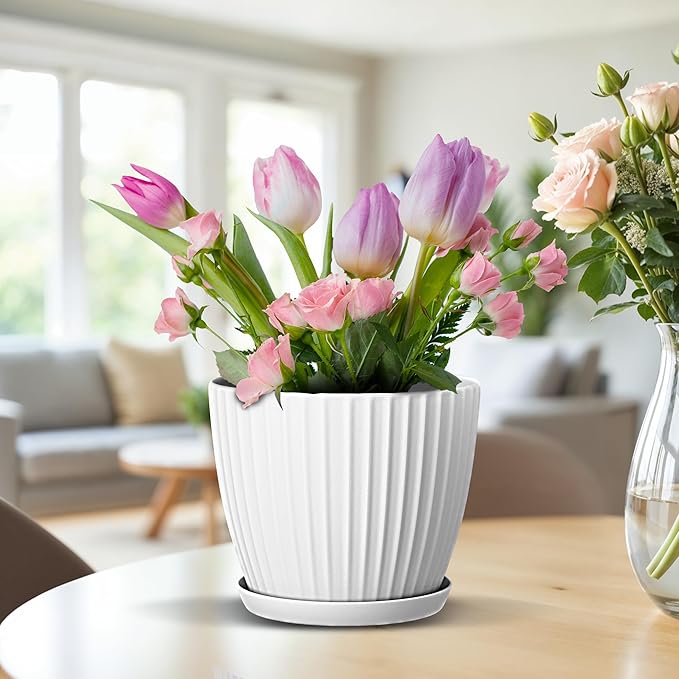 White 6-Inch Plant Pots with Drainage & Saucers 3 Pack, Indoor & Outdoor Planters for Houseplants, Herbs, and Flowers, Durable & Weatherproof Material, Stackable, Lightweight, Minimalist Design