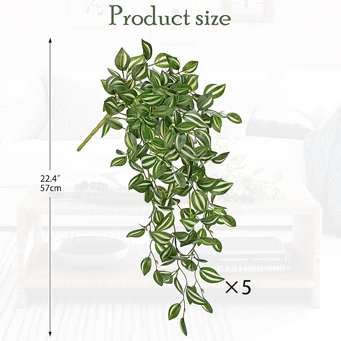 DILATATA Fake Hanging Plants Artificial Hanging Plants 22" Faux Wandering Jew Hanging Leaves Plants for Wall Shelf Home Indoor Outdoor Decor - 5 Pack