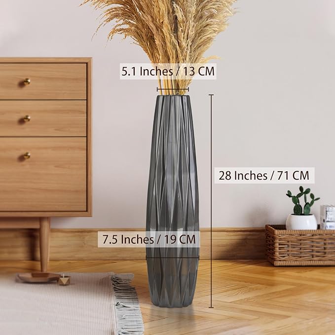 Silvery Ceramic Tall Floor Vase,28 Inch Large Modern Flower Vases for Home Décor,Wicker Big Floor Vase Decorations for Farmhouse, Living Room,Bedroom,Standing Plastic Vase Decorative Tall