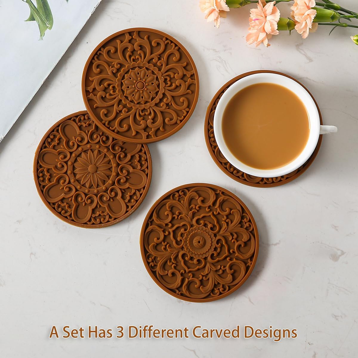 Colinda Silicone Coasters - Set of 6 with Holder, Non-Slip Cup Mats for Hot and Cold Drinks, Decorative Designs, Gift Ready Packaging,Brown