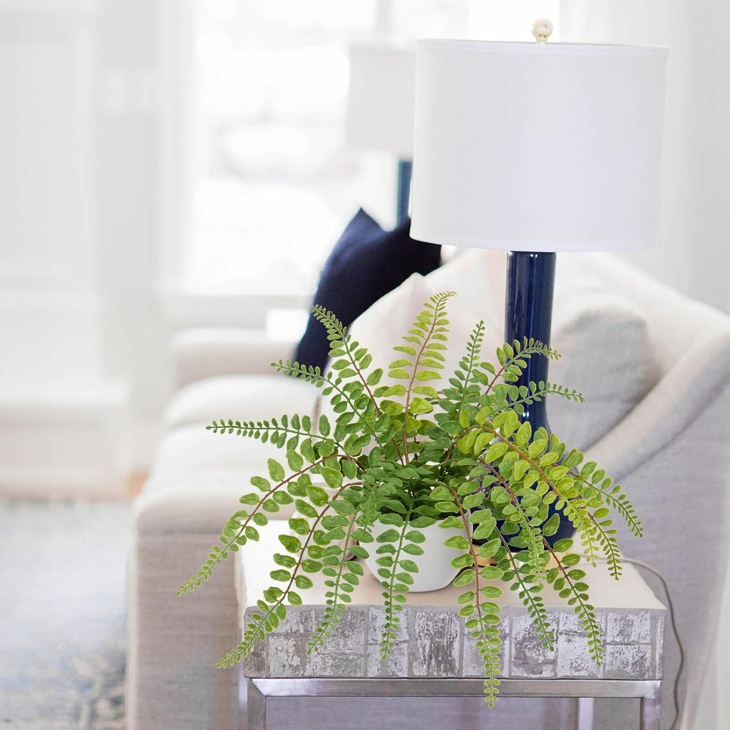 Hollyone Artificial Fern Potted Plant for Outdoors Indoors - Lifelike Faux Boston Fern in White Pot for Garden, Patio, Home, Farmhouse, Windowsill, Office, Living Room, Desk Decoration