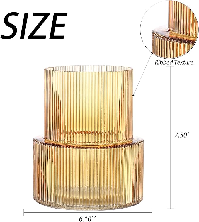 Amber Glass Vase, Ribbed Glass Vase for Tulips, Flower Vases for Bouquet, Amber Modern Vases for Living Room, Dining Table, Entryway, Mantle, Shelf, Wedding, Office, 7.5 Inches