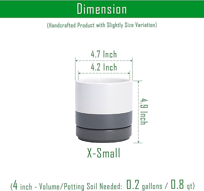 D'vine Dev 4.7 Inch Ceramic Planter Pot with Drainage Hole and Saucer, Indoor Cylinder Round Planter Pot, White/Speckled Grey, 94-O-B-6