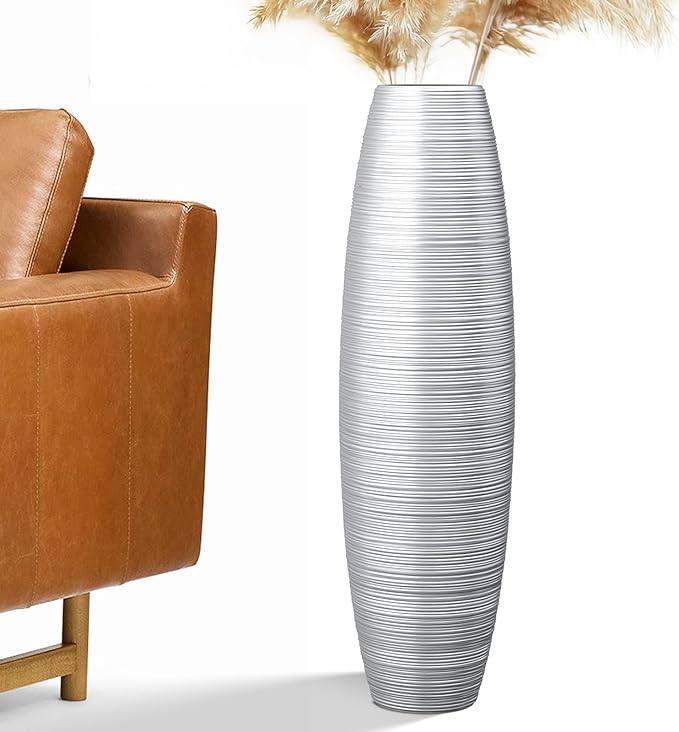 Tall Floor Vase, 27.5 inches (70cm, 2.3FT) Tall Vases Sturdy, Luxury, Textured for Decorative Branches Dried Flowers, Floor Vase for Rustic Living Room, Modern Decor, Resin Silver Vases