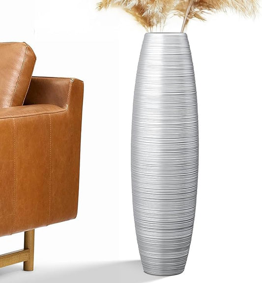 Tall Floor Vase, 27.5 inches (70cm, 2.3FT) Tall Vases Sturdy, Luxury, Textured for Decorative Branches Dried Flowers, Floor Vase for Rustic Living Room, Modern Decor, Resin Silver Vases