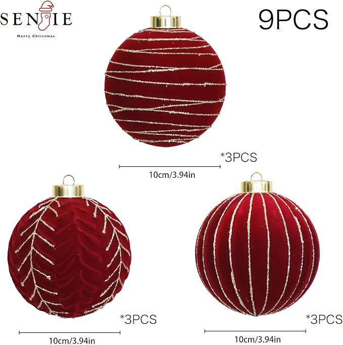 4inch Velvet Ornaments for Christmas Tree, 9PCS Glitter Flocked Christmas Ornaments Decorations Balls Set Decor Red
