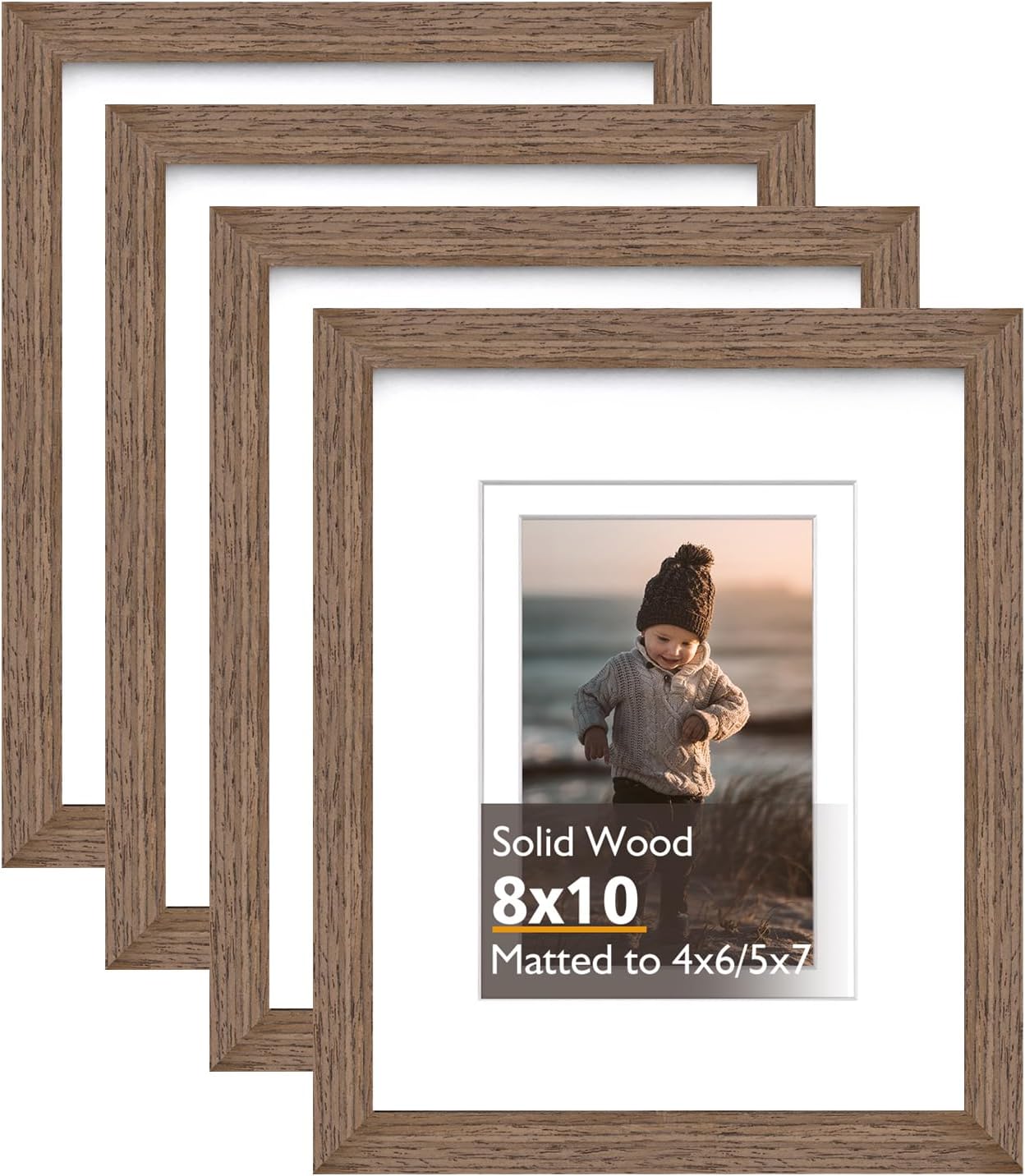 KINLINK 8x10 Picture Frame Rustic brown, Solid Wood Frames with Acrylic Plexiglass for Pictures 4x6/5x7 with Mat or 8x10 without Mat, Tabletop and Wall Display Photo Frame, Set of 4