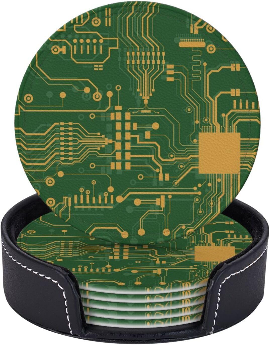 Green Circuit Board Leather Drink Coasters Set of 6 with Holder Round Cup Coaster for Table Decor