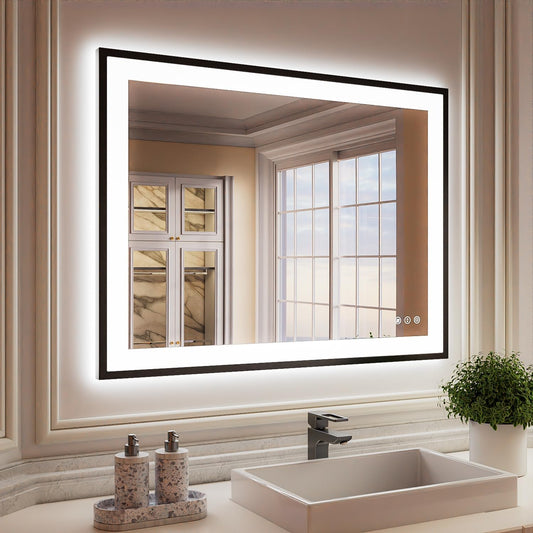 ISKM Framed LED Mirror for Bathroom 40"x30", Dimmable LED Bathroom Mirror with Lights, Anti-Fog, Front and Backlit Lighted Mirror 3-Colors, Shatterproof, Memory Function
