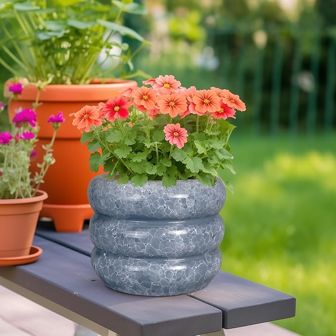 SQOWL Ceramic Planter 8 Inch - Indoor Plant Pot with Drainage Hole Outdoor Planter Round Flower Pot Modern Decorative Plant Pot for Home Office Decor Gray