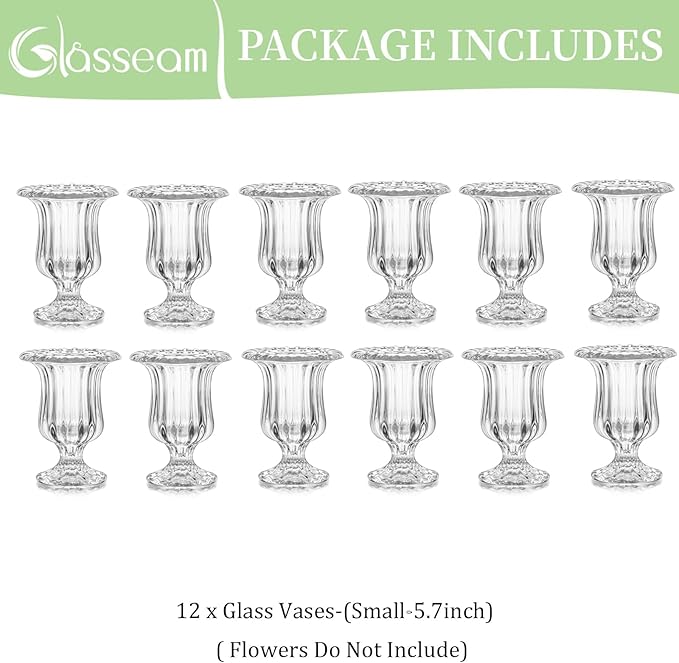 Glasseam Glass Vases for Centerpieces, Modern Compote Crystal Small Vase Set of 12, Pedestal Clear Vases for Decor, Unique Wedding Table Dining Room Decorations, 5.7in