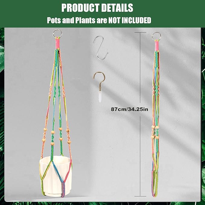 Macrame Plant Hanger, Hanging Planter Basket with Wood Beads, Decorative Boho Flower Pot Holder for Indoor and Outdoor, Rainbow, 35 Inch Set of 2 (POTS NOT Included)