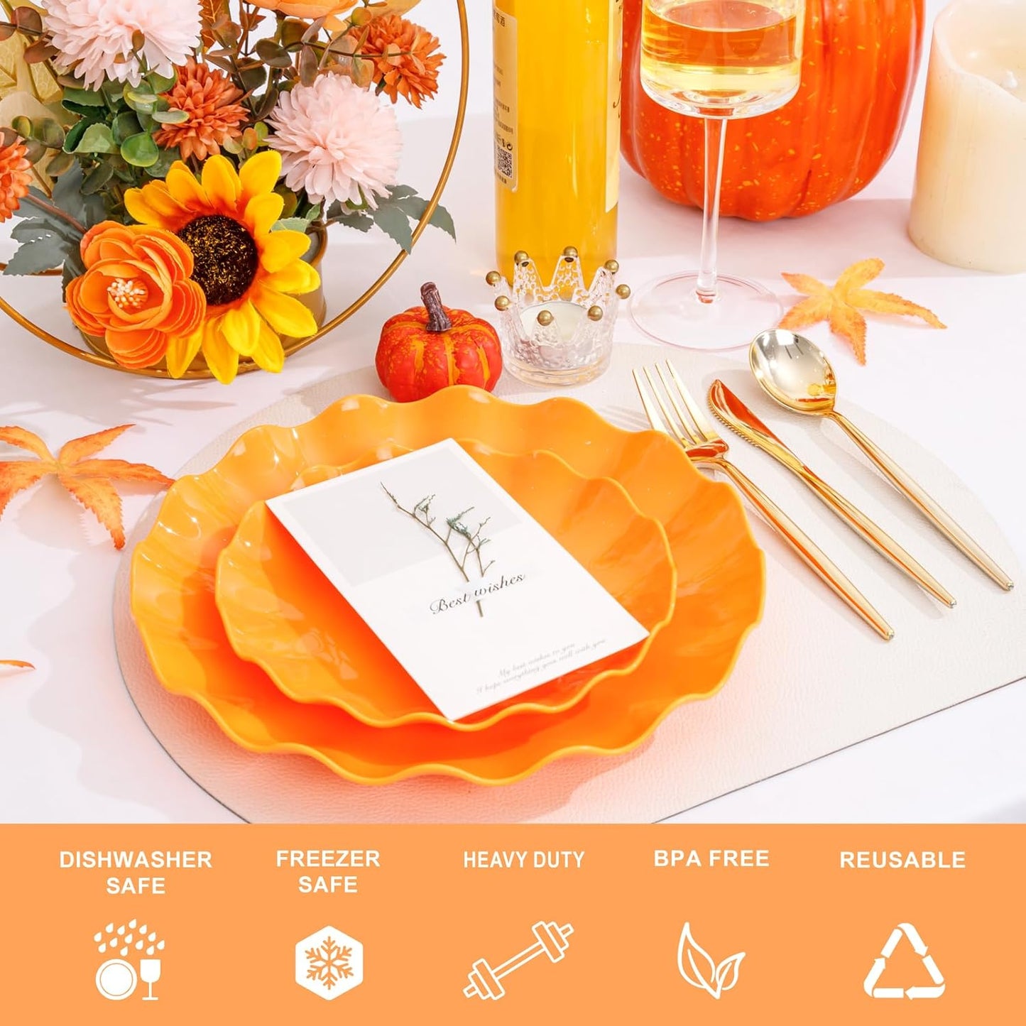 LIYH 50 Pcs Heavy Duty Thanksgiving Plates Orange Scalloped Plastic Plates Reusable Unbreakable Halloween Plastic Plate for Thanksgiving & Halloween Day, Dishwasher Safe BPA Free (25Guests)