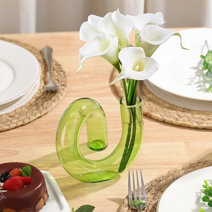 Joeyan Handmade Small Green Glass Flower Vase,Decorative Geometric Glass Bud Vase for Modern Home Centerpieces Living Room Office,4.72" Abstract Vase for Single Flower and Dry Flowers