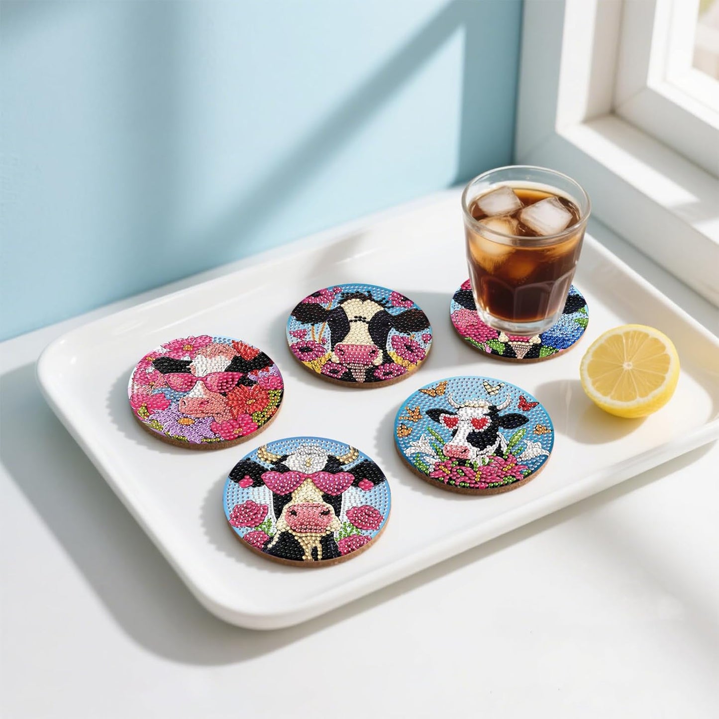 DOZEEZOP 8 PCS Diamond Art Coasters Kit, 5D Diamond Painting Coasters with Holder, Fall Small Diamond Art Kits for Adults Beginners, Diamond Dots Arts and Crafts Supplies Cow