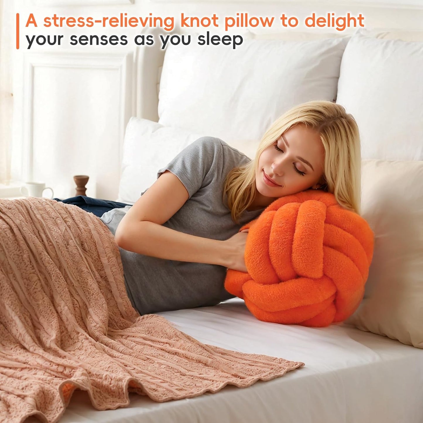 Knot Pillow Ball Plush - Decorative Throw Pillows for Bed Stress Relief, Round Knot Cushion for Sofa Decor Pet Toy, Orange 12 inch