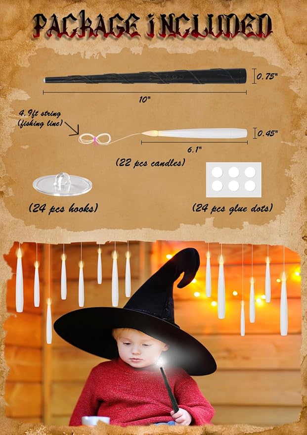 22 PCs Floating Candles with Wand Remote, Halloween Decorations Floating LED Taper Candles, Flickering Flameless Hanging Window Candles, 6.1" Magical Electric White Battery Operated