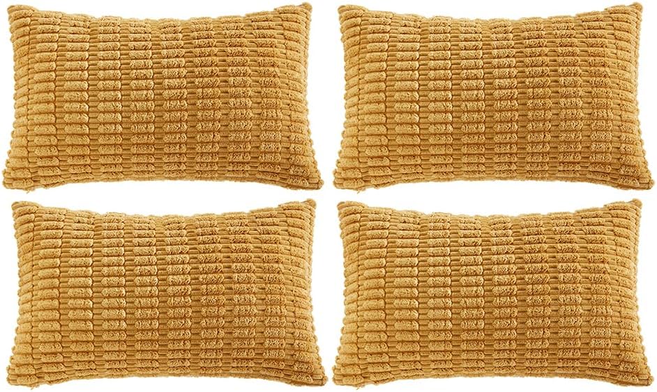 Fancy Homi 4 Packs Mustard Yellow Decorative Throw Pillow Covers 12x24 Inch for Living Room Couch Bed Sofa, Rustic Farmhouse Boho Home Decor, Soft Plush Striped Corduroy Square Cushion Case 30x60 cm