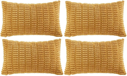 Fancy Homi 4 Packs Mustard Yellow Decorative Throw Pillow Covers 12x24 Inch for Living Room Couch Bed Sofa, Rustic Farmhouse Boho Home Decor, Soft Plush Striped Corduroy Square Cushion Case 30x60 cm