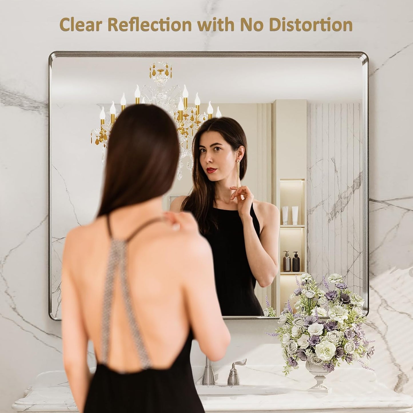 LOAAO 40X36 Inch Brushed Nickel Bathroom Mirror, Rounded Rectangle Silver Metal Frame Mirror, Brushed Nickel, Anti-Rust, Shatter Proof, Hangs Horizontally or Vertically