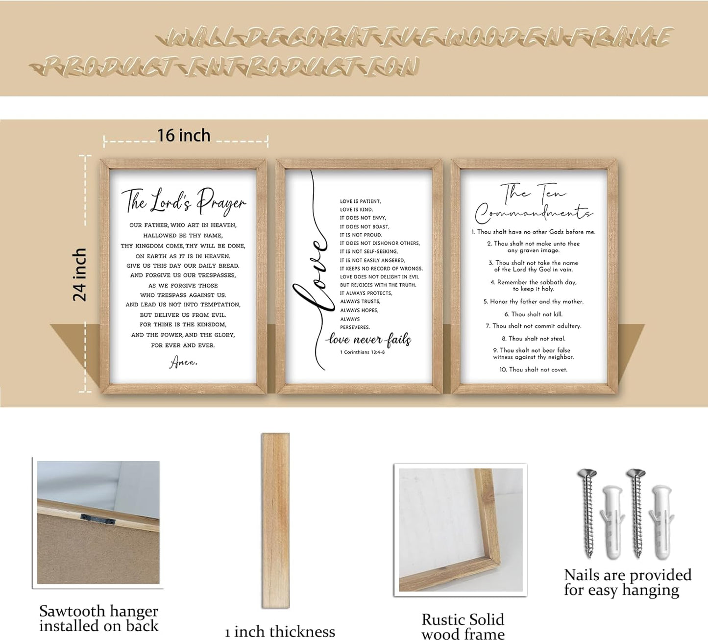 comurdyo Christian Bible Verse Wall Art 24"×16" Set of 3 Positive Religious Minimalist Quotes Sign for Rustic God Jesus Christ Prayer Inspirational Catholic Scripture Decor Wood Framed Hanging (Wood)