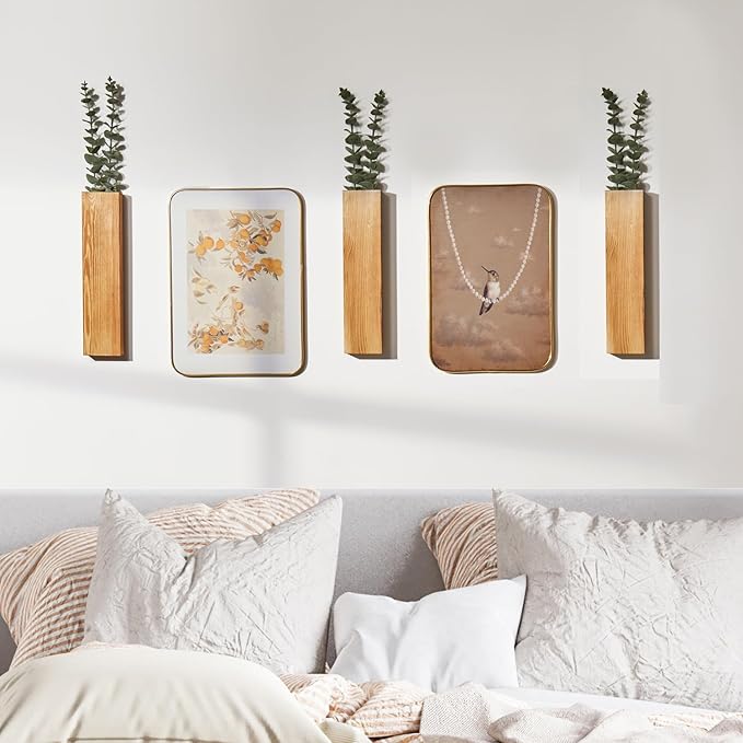 3-Pack Wood Wall Planters with 6 Removable Faux Eucalyptus Stems - Modern Farmhouse Wall Decor for Living Room, Bedroom, Bathroom - Wooden Wall Vases and Fake Eucalyptus for Home Office Decor