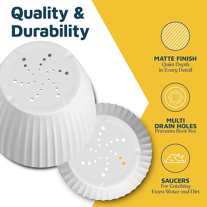 White 6-Inch Plant Pots with Drainage & Saucers 18 Pack, Indoor & Outdoor Planters for Houseplants, Herbs, and Flowers, Durable & Weatherproof Material, Stackable, Lightweight, Minimalist Design