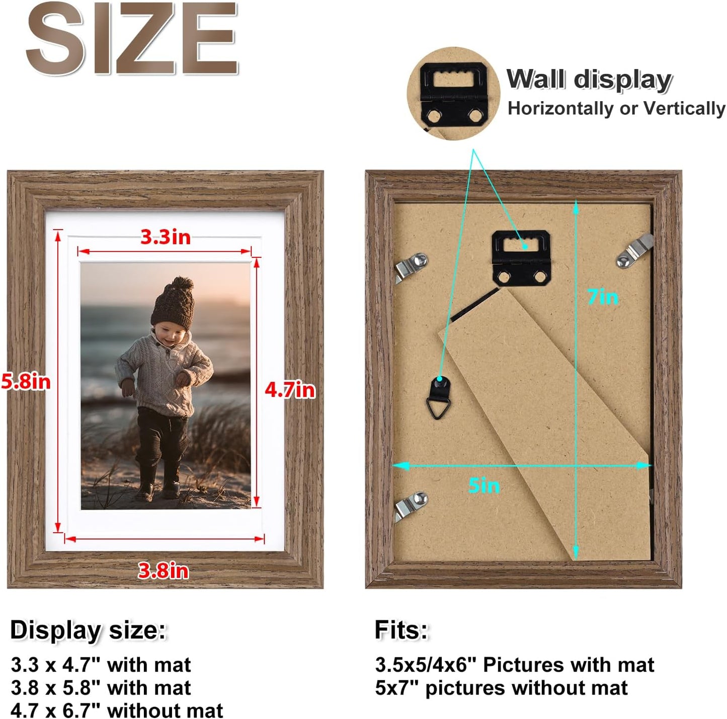 KINLINK 5x7 Picture Frame Rustic Brown, Solid Wood Frames with Acrylic Plexiglass for 3.5x5/4x6 with Mat or 5x7 without Mat, Tabletop and Wall Display Photo Frame, Set of 4