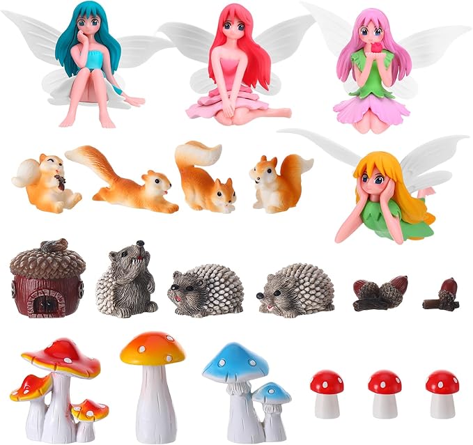 20Pcs Fairy Garden Accessories, Miniature Garden Ornaments Landscape Decorations Mini Fairy Figures Animal Plant Set for DIY Terrarium Potted Plants Dollhouse Desk Decor