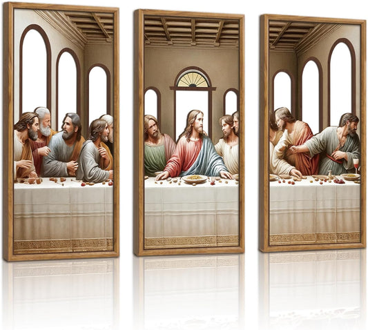KAIRNE 3Pcs Jesus Last Supper Wall Art,Christian Wooden Wall Decor,Religious Faith Wood Hanging Decor,Bible Verse Artwork,Scripture Jesus Art for Living Room Dining Room Bedroom Decoration,Framed