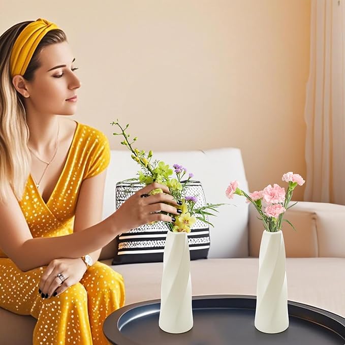 10 Pack White Flower Vases Bulk, 8" Modern Style Vases, Composite Plastic Unbreakable Bud Vase, Tall Conic Floral Vase for Centerpieces Bouquet Home Decor Wedding Party Dinner Table