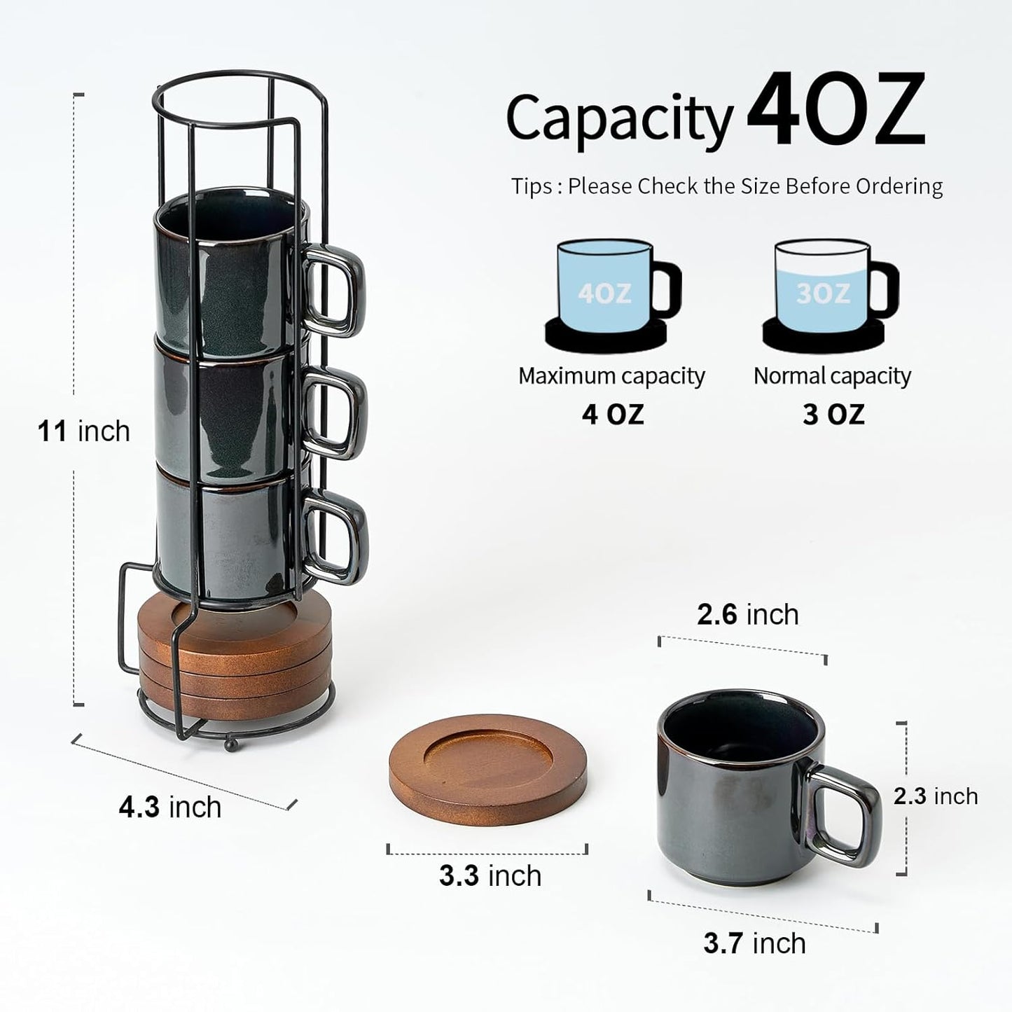 LUKA Porcelain Stackable Espresso Cups with Saucers and Metal Stand, 4 Ounce Small Ceramic Demitasse Cups Set for Latte, Specialty Coffee Drinks, Cafe Mocha,Tea - Set of 4, Reactive Dark Green