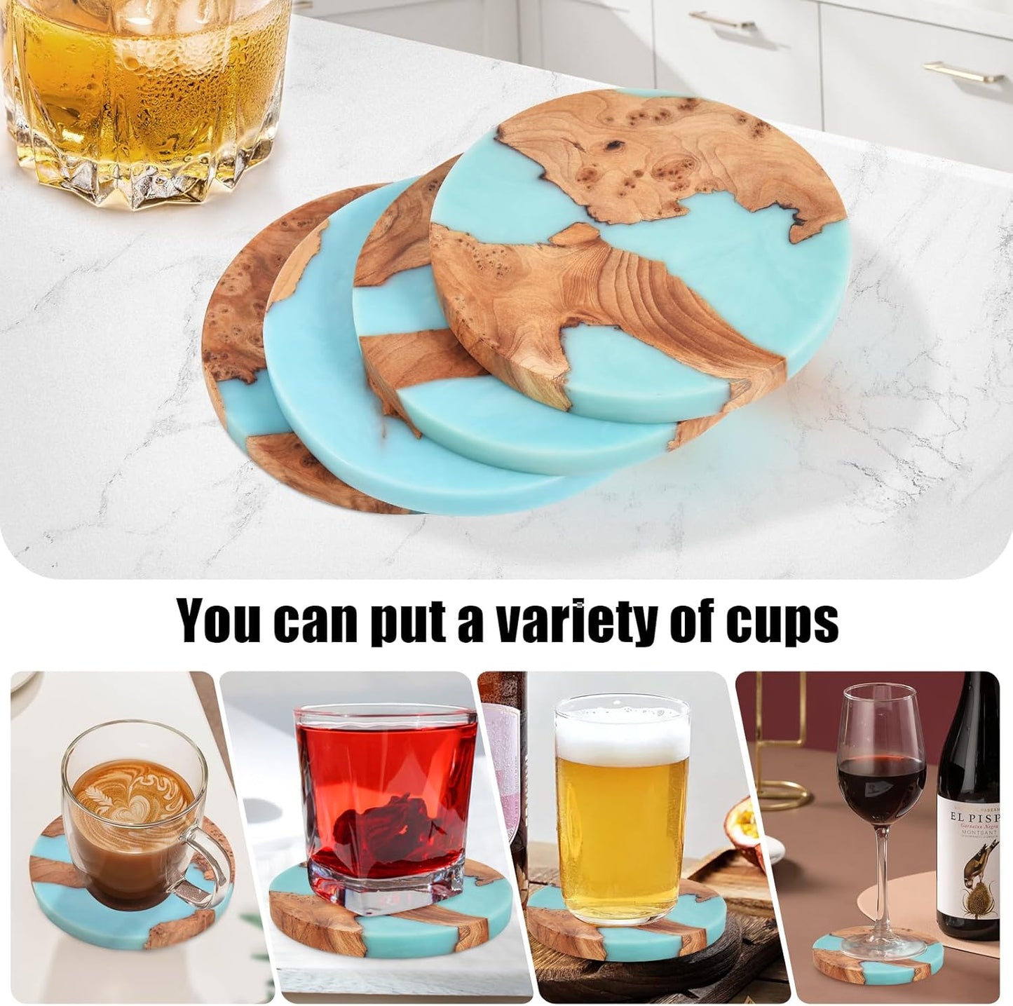 Drink Coaster Set, Wooden Absorbent Coasters, Epoxy Resin Coaster for Coffee Table, Tabletop Protection Decor, Modern Coasters Set of 8 with Holder