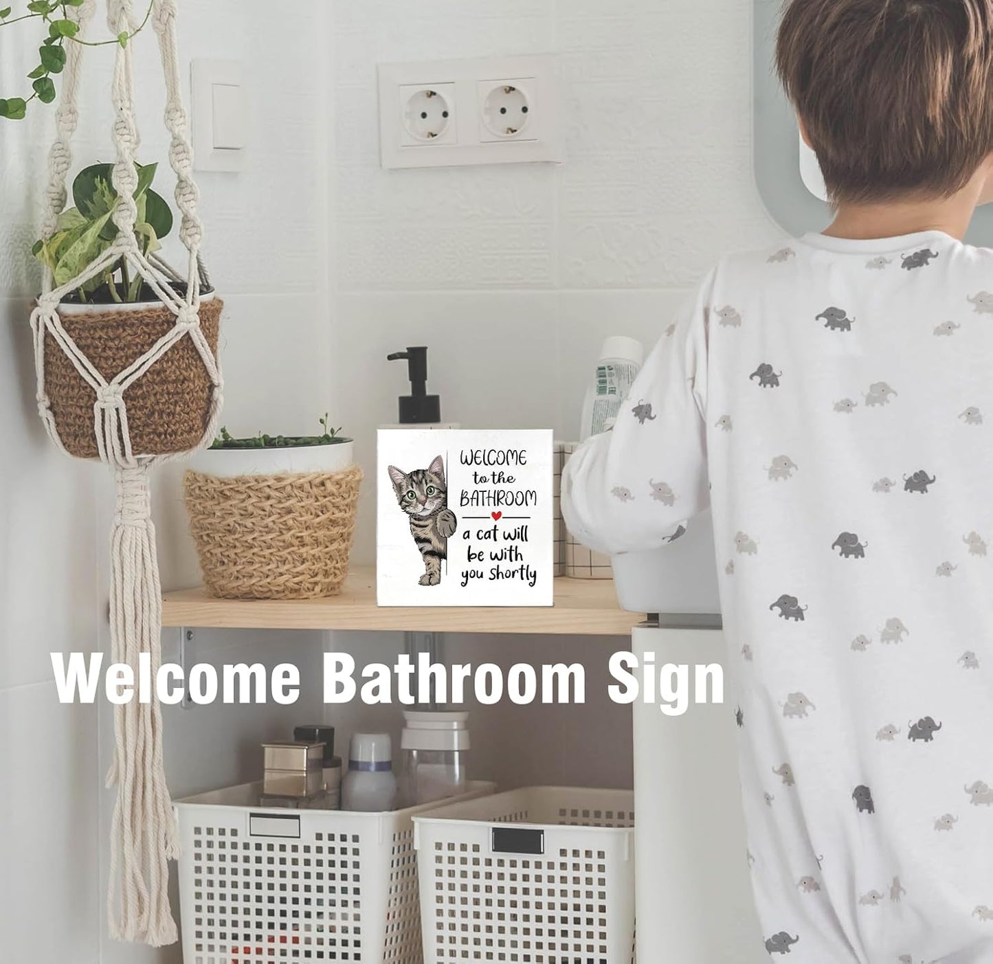 Funny Tabby Cat Bathroom Decorations Art Wall Decor Wood Box Sign, Gifts for Women Cats Lovers Tabby Cat Bath Decor, Funny Stuff, Welcome To The Bathroom A Cat Will Be With, 5x5 inch