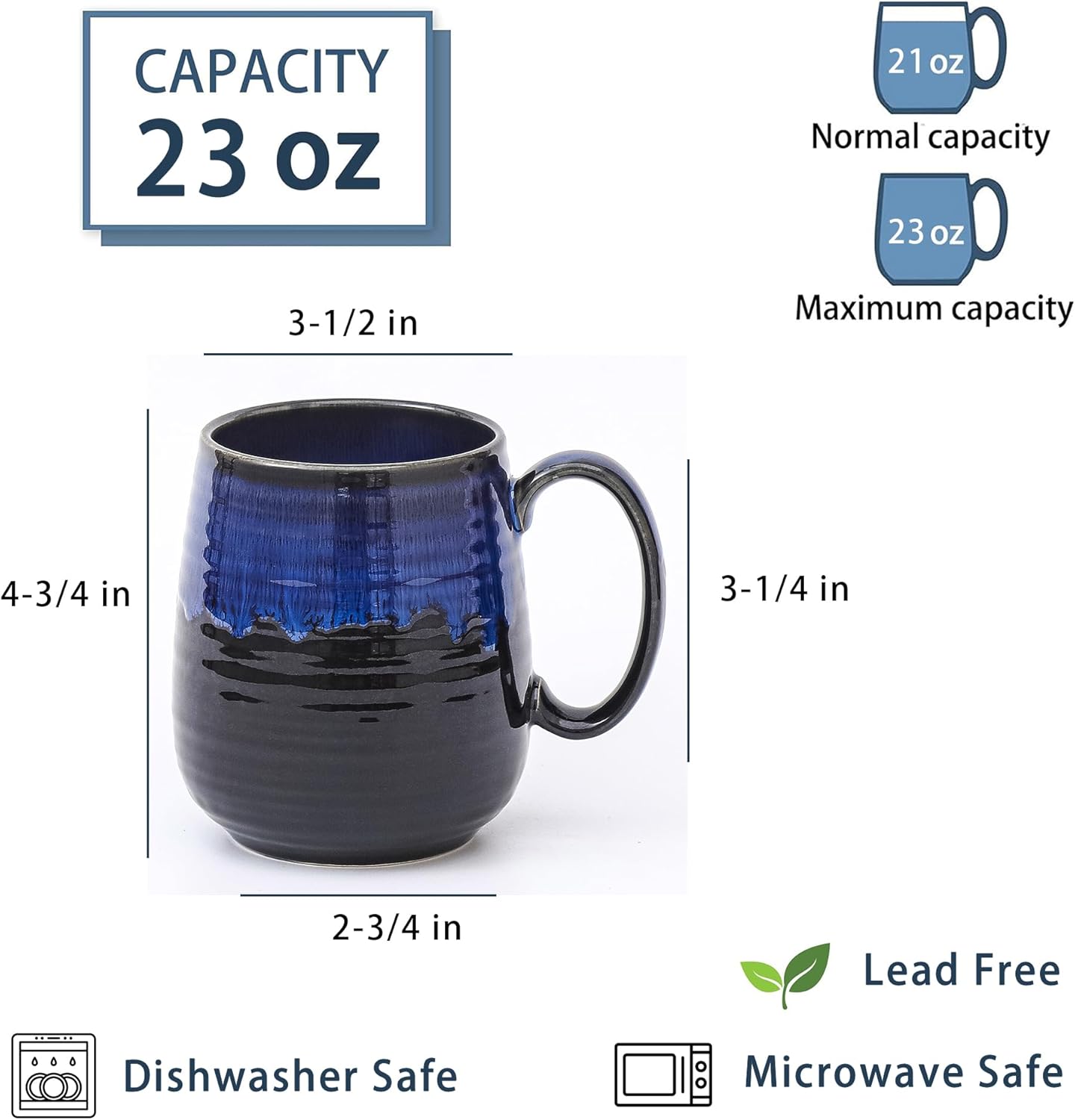 Large Coffee Mugs, Extra Large Ceramic Coffee Mug, 23 oz Handmade Pottery Mug, Big Tea Cups with Handle for Office and Home, Dishwasher and Microwave Safe (Sky Blue)