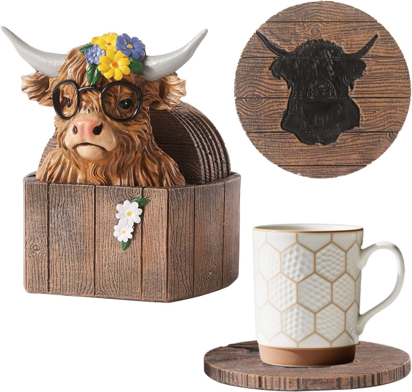 Highland Cattle Coasters - 8 Full Size Rustic Coasters for Log Cabin Decor - Hunting Decor