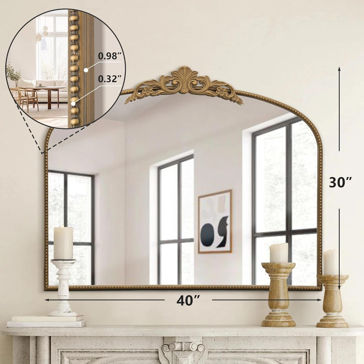 Micasso Large Antique Gold Mirror: 29"x 36" French Baroque Arched Mirror - Traditional Ornate Vintage Mirrors for Wall/Mantel/Entryway/Bathroom/Hallway - Home Decor for Living Room