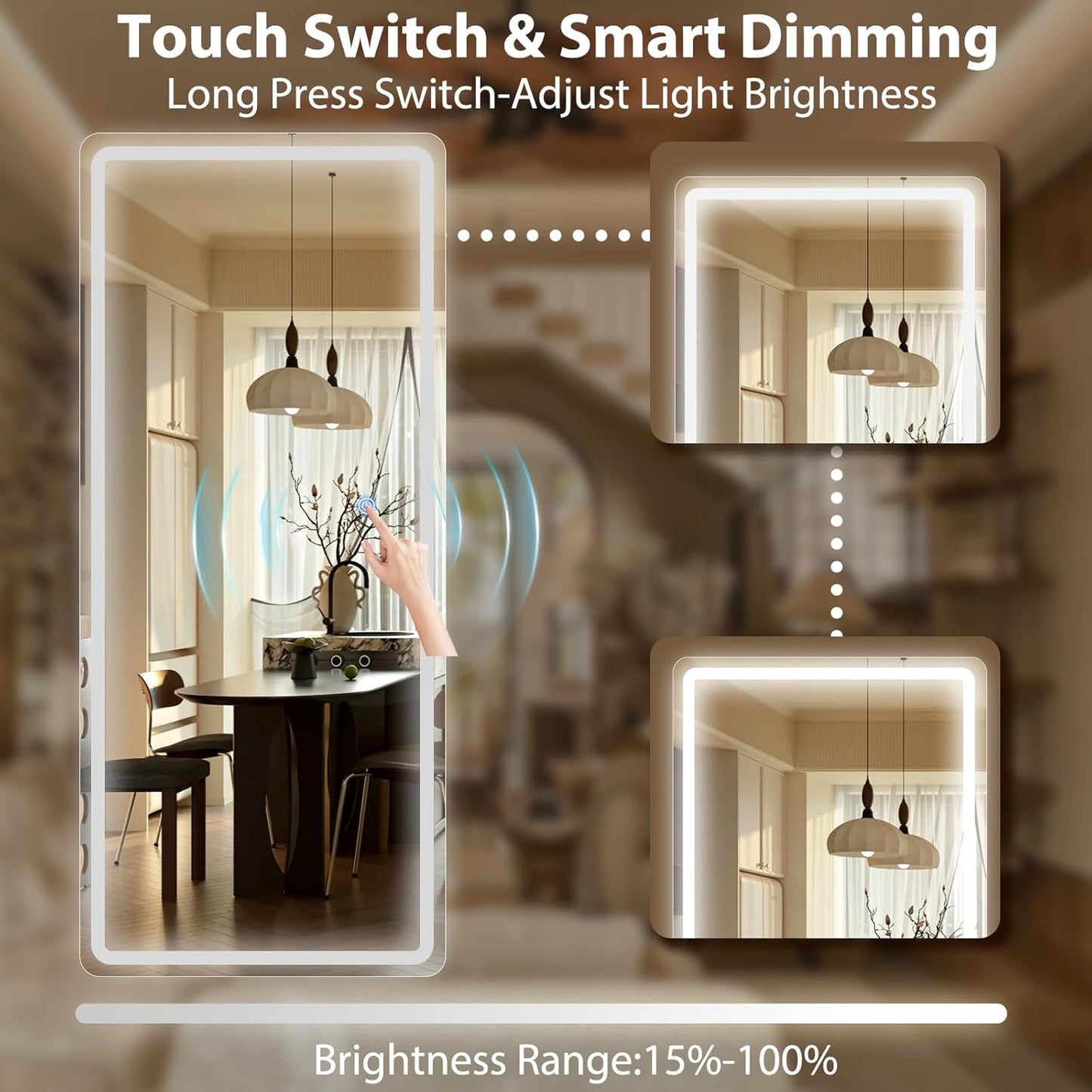 GLSLAND 65x26 LED Mirror Full Length, Aluminum Alloy Floor Mirrors with Lights, 3 Color Lighting & Dimming for Bedroom Decorative Wall Mounted, White