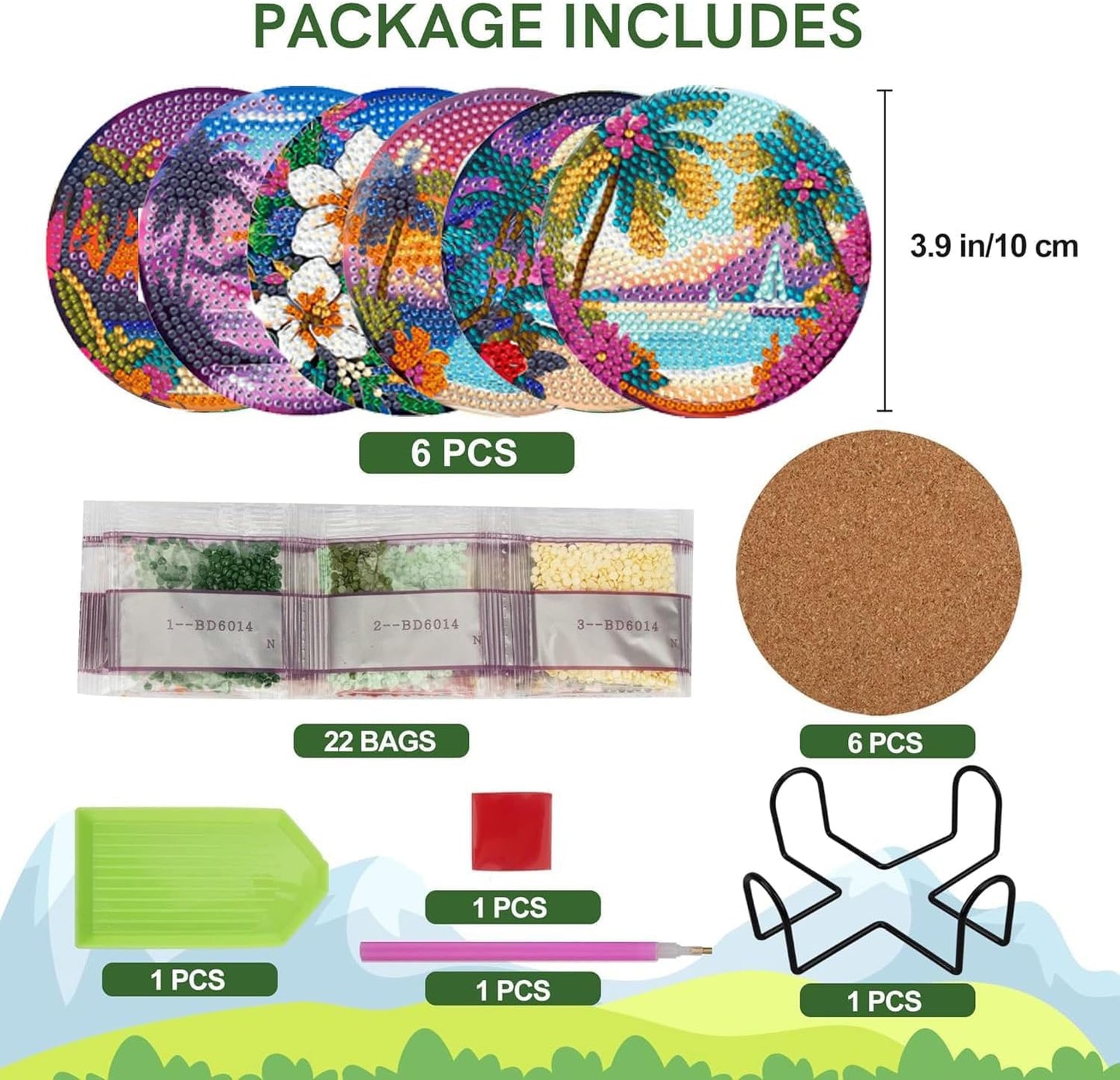 EWJRNSF 6 PCS Small Diamond Art Coasters Kits, Diamond Painting Coasters, Fall Diamond Art Kits for Adults Beginners, Arts and Crafts Item Sets with Holder for Drinks. Ocean Beach