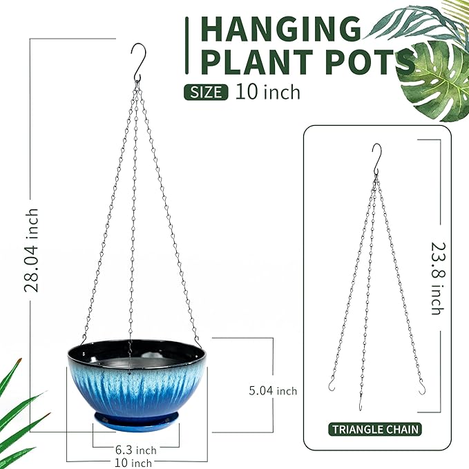 Hanging Planters for Indoor Outdoor Plants-2 Pack 10 inch Hanging Plant Pots with Drainage and Hanging Plant Holder, Hanging Planter for House Plants (Blue Flowing Glaze)