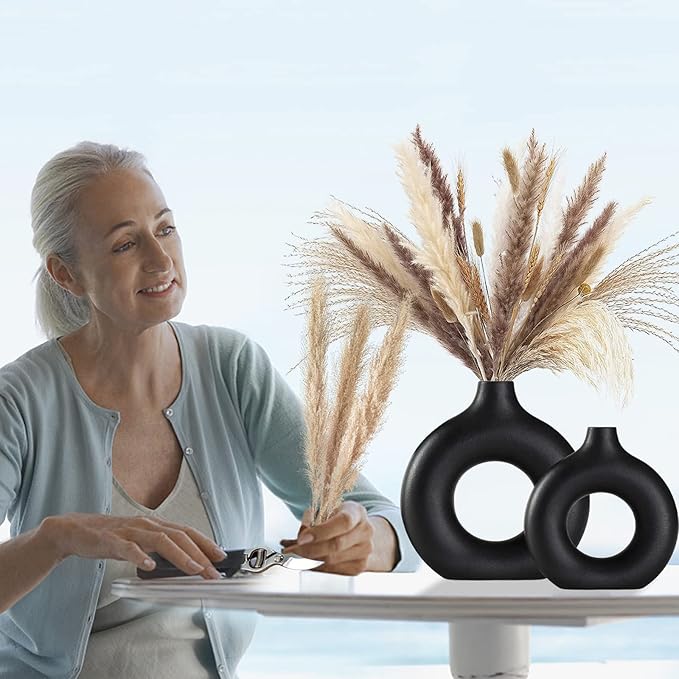 Black Ceramic Vase Set of 2 for Modern Boho Decor,Round Matte Pampas Flower Vases Minimalist Nordic Boho Ins Style for Wedding Dinner Table Party Living Room Office Bedroom, Decorative Gift